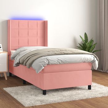 Cama Individual | Cama Para Adultos | Cama Box Spring Colchón Y Led Terciopelo Rosa 80x200 Cm Cfw86209