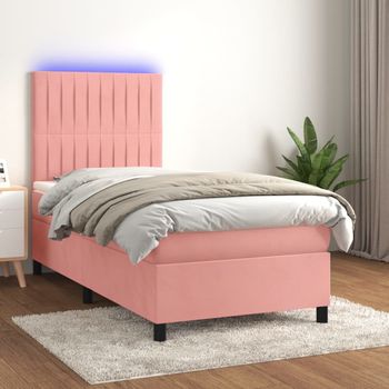 Cama Individual | Cama Box Spring | Cama Para Adultos Colchón Y Led Terciopelo Rosa 90x200 Cm Cfw415138