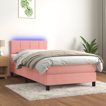 Cama Individual | Cama Para Adultos | Cama Box Spring Colchón Y Led Terciopelo Rosa 90x200 Cm Cfw254860