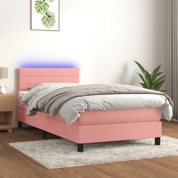 Cama Para Adultos | Cama Box Spring Colchón Y Led Terciopelo Rosa 90x200 Cm Cfw168844