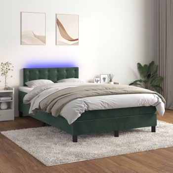 Cama Matrimonial | Cama Para Adultos | Cama Box Spring Colchón Y Led Terciopelo Verde Oscuro 120x200cm Cfw451570