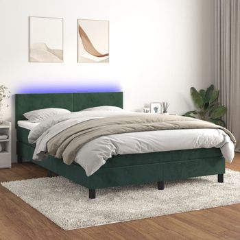 Cama Para Adultos | Cama Box Spring Colchón Y Led Terciopelo Verde Oscuro 140x190cm Cfw678192