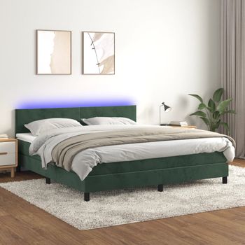 Cama Para Adultos | Cama Box Spring Colchón Y Led Terciopelo Verde Oscuro 160x200cm Cfw300240