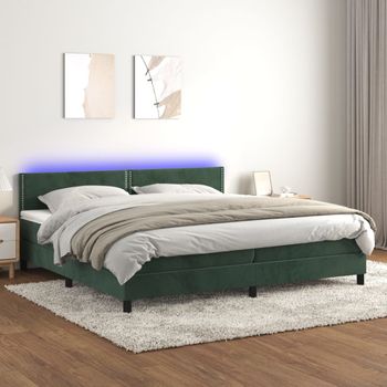 Cama Doble | Cama Box Spring | Cama Para Adultos Colchón Y Led Terciopelo Verde Oscuro 200x200cm Cfw562360