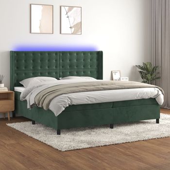 Cama Matrimonial | Cama Para Adultos | Cama Box Spring Colchón Y Led Terciopelo Verde Oscuro 200x200cm Cfw788424