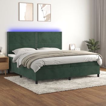 Cama Doble | Cama Box Spring | Cama Para Adultos Colchón Y Led Terciopelo Verde Oscuro 200x200cm Cfw335398