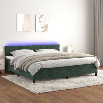 Cama Para Adultos | Cama Box Spring Colchón Y Led Terciopelo Verde Oscuro 200x200cm Cfw343095