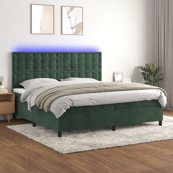 Cama Matrimonial | Cama Para Adultos | Cama Box Spring Colchón Y Led Terciopelo Verde Oscuro 200x200cm Cfw411281