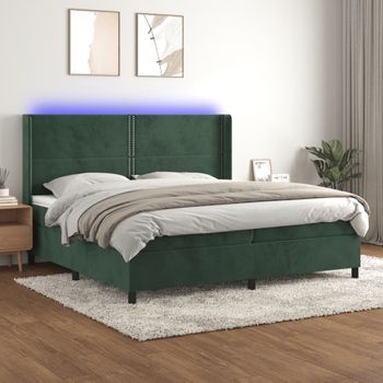 Cama Doble | Cama Box Spring | Cama Para Adultos Colchón Y Led Terciopelo Verde Oscuro 200x200cm Cfw415305