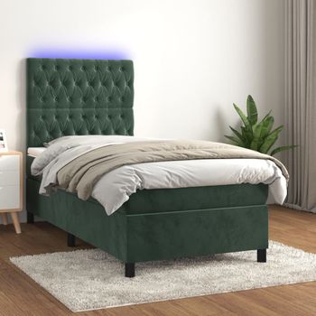 Cama Individual | Cama Para Adultos | Cama Box Spring Colchón Y Led Terciopelo Verde Oscuro 80x200 Cm Cfw33832