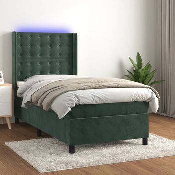 Cama Individual | Cama Para Adultos | Cama Box Spring Colchón Y Led Terciopelo Verde Oscuro 80x200 Cm Cfw51659