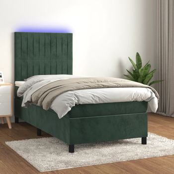 Cama Para Adultos | Cama Box Spring Colchón Y Led Terciopelo Verde Oscuro 90x190 Cm Cfw832224