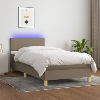 Cama Individual | Cama Para Adultos | Cama Box Spring Colchón Y Luces Led Gris Taupe 80x200 Cm Cfw600916