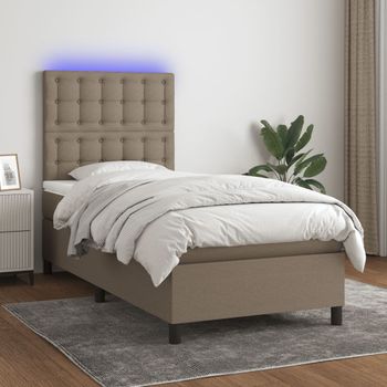 Cama Para Adulto | Cama Individual | Cama Box Spring Colchón Y Luces Led Gris Taupe 80x200 Cm Cfw688159