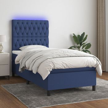 Cama Individual | Cama Para Adultos | Cama Box Spring Colchón Y Luces Led Tela Azul 100x200 Cm Cfw189617