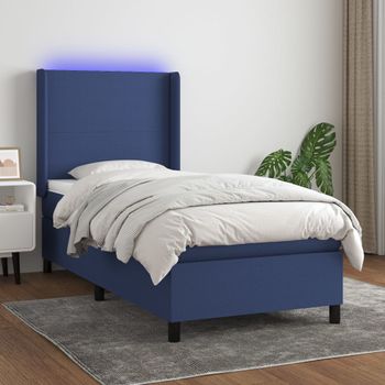 Cama Individual | Cama Para Adultos | Cama Box Spring Colchón Y Luces Led Tela Azul 100x200 Cm Cfw357608