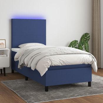 Cama Individual | Cama Para Adultos | Cama Box Spring Colchón Y Luces Led Tela Azul 100x200 Cm Cfw811992