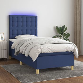 Cama Individual | Cama Box Spring | Cama Para Adultos Colchón Y Luces Led Tela Azul 100x200 Cm Cfw374643