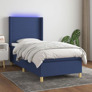 Cama Individual | Cama Para Adultos | Cama Box Spring Colchón Y Luces Led Tela Azul 100x200 Cm Cfw272556