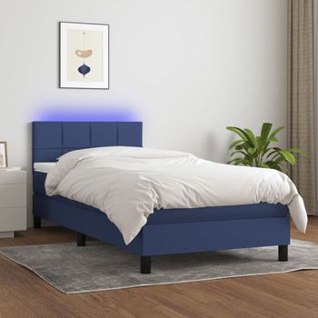 Cama Individual | Cama Para Adultos | Cama Box Spring Colchón Y Luces Led Tela Azul 100x200 Cm Cfw591045