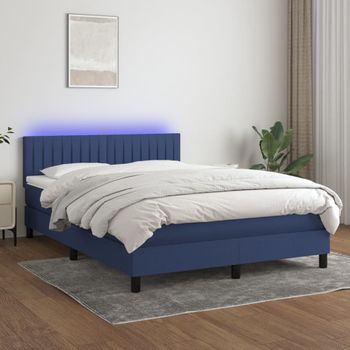 Cama Matrimonial | Cama Para Adultos | Cama Box Spring Colchón Y Luces Led Tela Azul 140x190 Cm Cfw922557