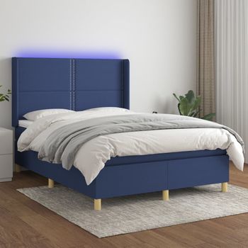 Cama Matrimonial | Cama Para Adultos | Cama Box Spring Colchón Y Luces Led Tela Azul 140x190 Cm Cfw296269