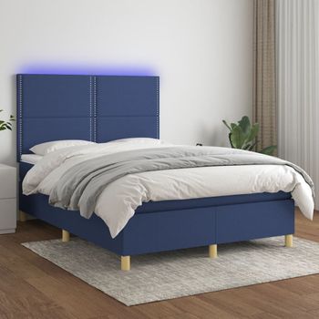 Cama Matrimonial | Cama Para Adultos | Cama Box Spring Colchón Y Luces Led Tela Azul 140x200 Cm Cfw262572