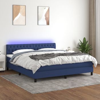 Cama Doble | Cama Box Spring | Cama Para Adultos Colchón Y Luces Led Tela Azul 160x200 Cm Cfw733273