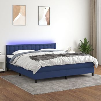 Cama Doble | Cama Box Spring | Cama Para Adultos Colchón Y Luces Led Tela Azul 160x200 Cm Cfw519748