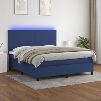 Cama Matrimonial | Cama Para Adultos | Cama Box Spring Colchón Y Luces Led Tela Azul 160x200 Cm Cfw509267