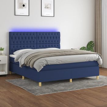 Cama Doble | Cama Box Spring | Cama Para Adultos Colchón Y Luces Led Tela Azul 160x200 Cm Cfw982876