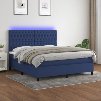 Cama Doble | Cama Box Spring | Cama Para Adultos Colchón Y Luces Led Tela Azul 160x200 Cm Cfw451133