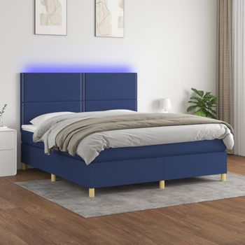 Cama Matrimonial | Cama Para Adultos | Cama Box Spring Colchón Y Luces Led Tela Azul 160x200 Cm Cfw838673