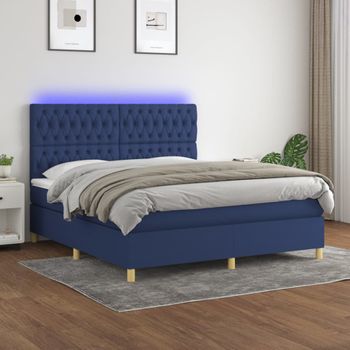 Cama Doble | Cama Box Spring | Cama Para Adultos Colchón Y Luces Led Tela Azul 180x200 Cm Cfw613745