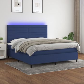 Cama Matrimonial | Cama Para Adultos | Cama Box Spring Colchón Y Luces Led Tela Azul 180x200 Cm Cfw639595