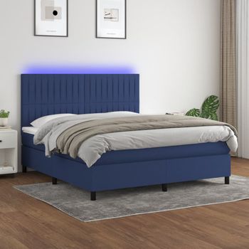 Cama Matrimonial | Cama Para Adultos | Cama Box Spring Colchón Y Luces Led Tela Azul 180x200 Cm Cfw477093