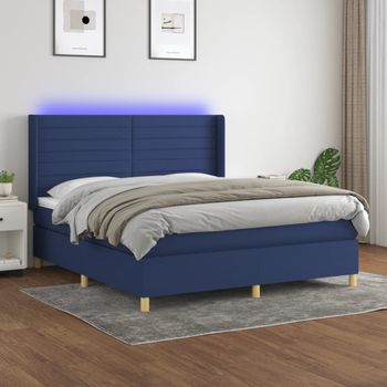 Cama Matrimonial | Cama Para Adultos | Cama Box Spring Colchón Y Luces Led Tela Azul 180x200 Cm Cfw302779