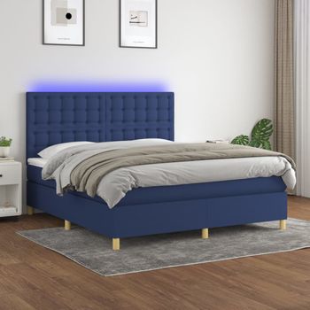 Cama Matrimonial | Cama Para Adultos | Cama Box Spring Colchón Y Luces Led Tela Azul 180x200 Cm Cfw385842