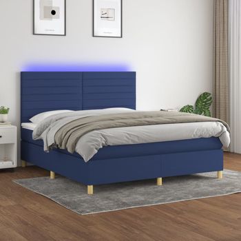 Cama Matrimonial | Cama Para Adultos | Cama Box Spring Colchón Y Luces Led Tela Azul 180x200 Cm Cfw212516