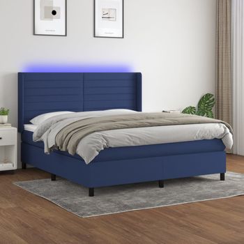 Cama Matrimonial | Cama Para Adultos | Cama Box Spring Colchón Y Luces Led Tela Azul 180x200 Cm Cfw958141