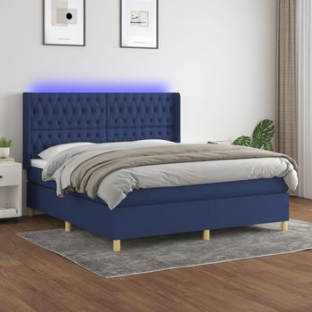 Cama Matrimonial | Cama Para Adultos | Cama Box Spring Colchón Y Luces Led Tela Azul 180x200 Cm Cfw82795