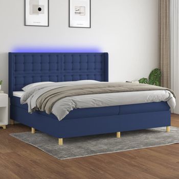 Cama Matrimonial | Cama Para Adultos | Cama Box Spring Colchón Y Luces Led Tela Azul 200x200 Cm Cfw288954