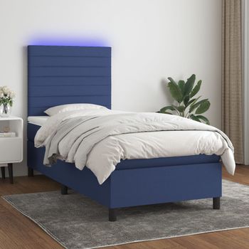 Cama Individual | Cama Para Adultos | Cama Box Spring Colchón Y Luces Led Tela Azul 90x190 Cm Cfw566173