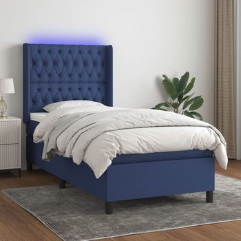 Cama Individual | Cama Box Spring | Cama Para Adultos Colchón Y Luces Led Tela Azul 90x190 Cm Cfw672270