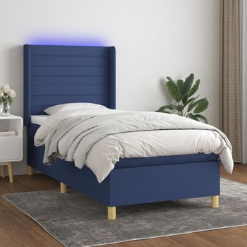 Cama Individual | Cama Para Adultos | Cama Box Spring Colchón Y Luces Led Tela Azul 90x190 Cm Cfw974913