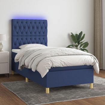 Cama Individual | Cama Box Spring | Cama Para Adultos Colchón Y Luces Led Tela Azul 90x190 Cm Cfw691152