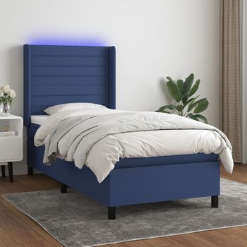 Cama Individual | Cama Para Adultos | Cama Box Spring Colchón Y Luces Led Tela Azul 90x190 Cm Cfw265542