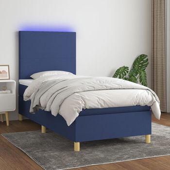 Cama Individual | Cama Box Spring | Cama Para Adultos Colchón Y Luces Led Tela Azul 90x200 Cm Cfw985742