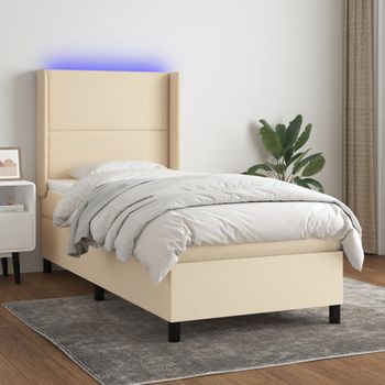 Cama Individual | Cama Para Adultos | Cama Box Spring Colchón Y Luces Led Tela Color Crema 90x190 Cm Cfw223756