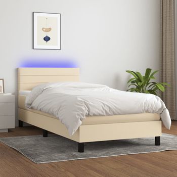 Cama Individual | Cama Para Adultos | Cama Box Spring Colchón Y Luces Led Tela Color Crema 90x190 Cm Cfw788499